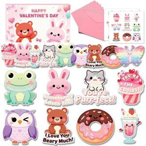 36 Pack Valentines Day Cards for Kids School – Adorable Die-Cut Animal & Food